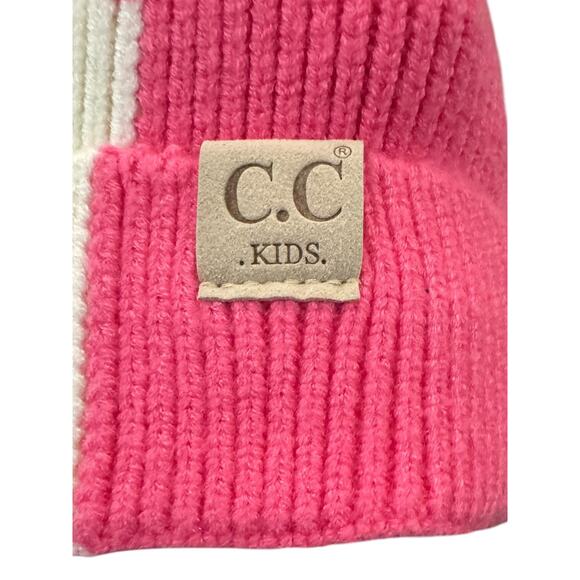C.C Kids Pink White Smiley Face Fur Pom Pom Cap Hat Beanie OS - Picture 4 of 6